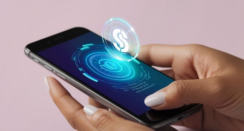Pessoa segura um smartphone com interface digital e ícone financeiro, representando o Open Finance.