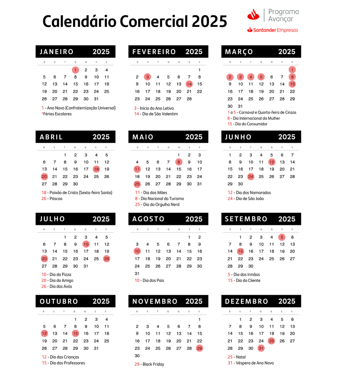 A imagem mostra um calendário com as principais datas comerciais do ano de 2025 identificadas em vermelho.