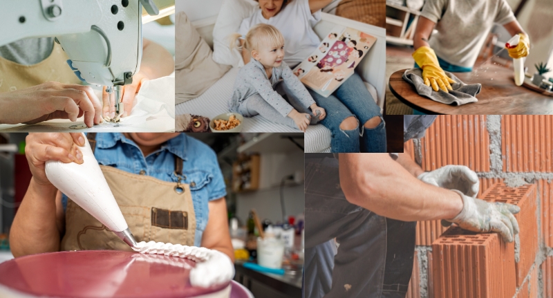 Colagem com diversos exemplos de atividades que podem ser exercidas de maneira informal, como costura, cuidado de crianças, limpeza, confeitaria e construção