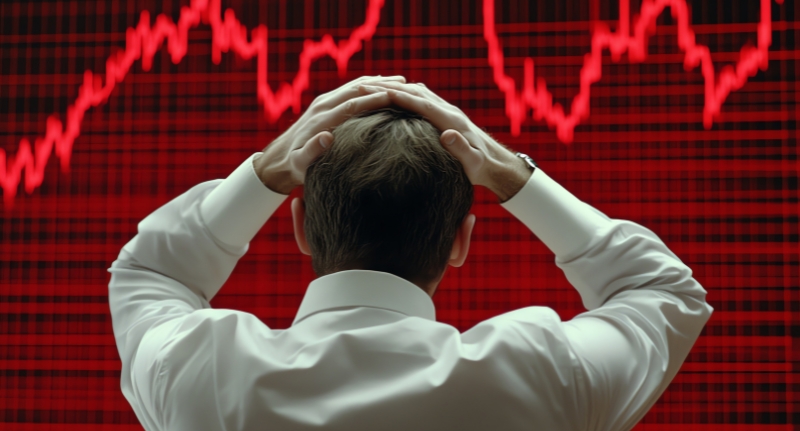 Homem com as mãos na cabeça de frente à uma tela que mostra um gráfico em constante oscilação.